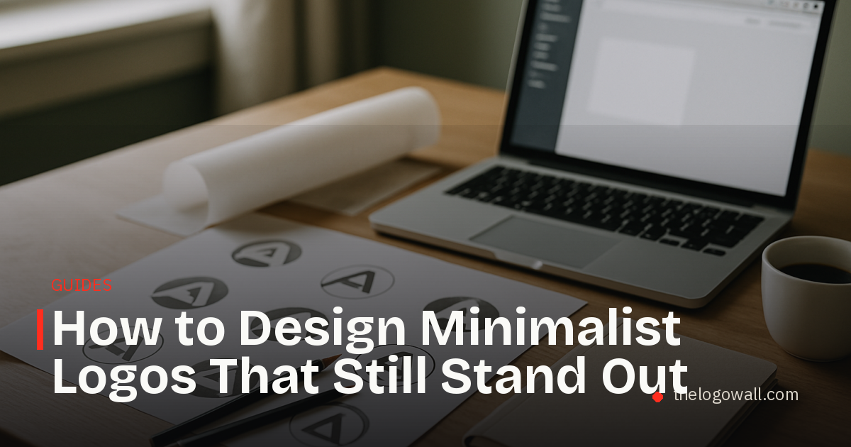 Designer workspace with logo sketches, laptop, and natural window light.